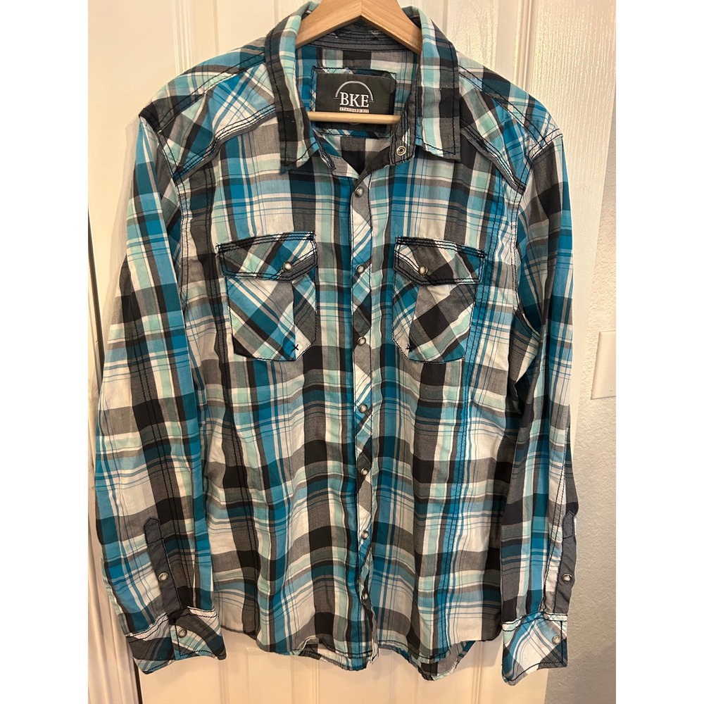 BKE Mens Standard Fit Blue Plaid Western Pearl Snap Long Sleeve Shirt L 11615FPM